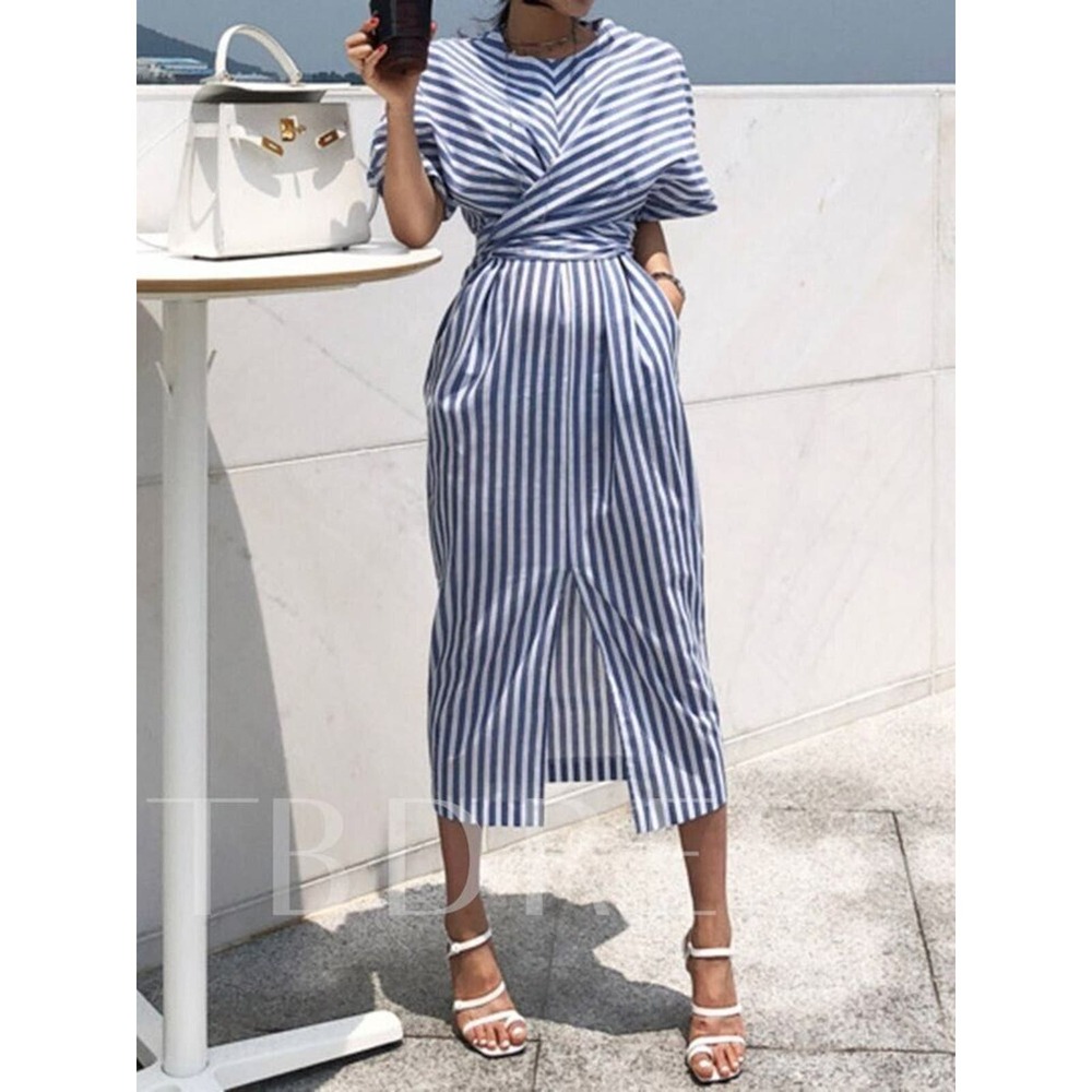 Oak Fort Women's Dress Stripe Blue Cross Lace Up Waist Front Split Skirt size Sm